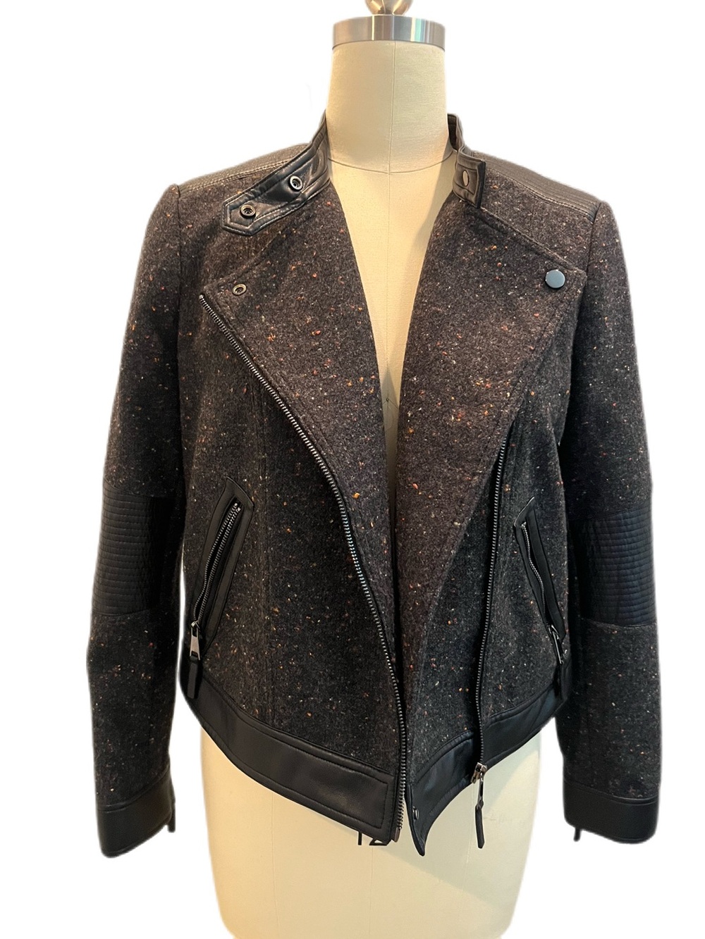 E3 by Etcetera Black Tweed Grey Moto Jacket with Faux Leather Trim - NWT